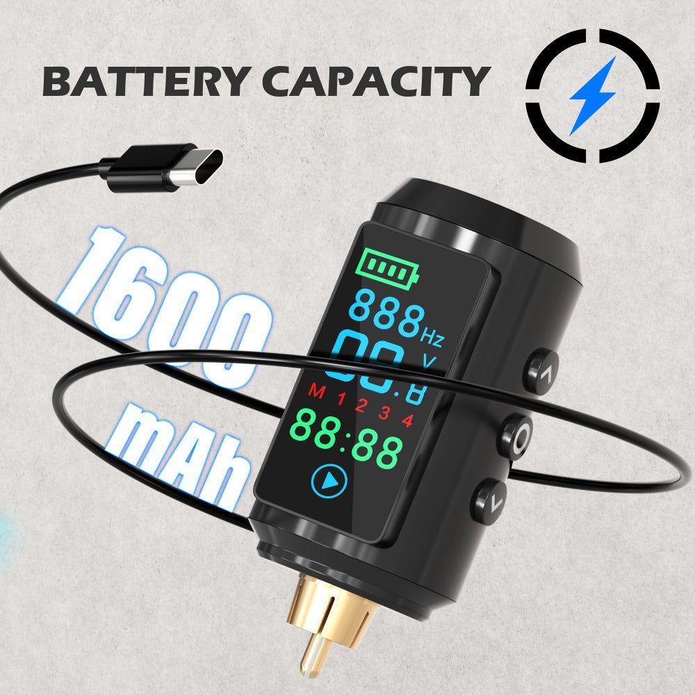 Cordless Tattoo Power Supply with Color Screen - 1600mAh Wireless Tattoo Battery, 4 Memory Presets, RCA Connector, USB Rechargeable, Compatible with Rotary & Coil Tattoo Machines, Beginners & Pro Artists