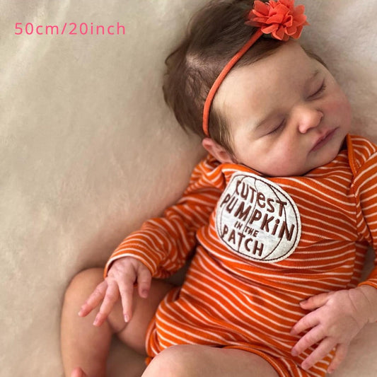 Reborn Baby Doll 20-Inch Sleeping Cloth Body with Rooted Hair, Orange Outfit, Pacifier, Bottle and Certificate