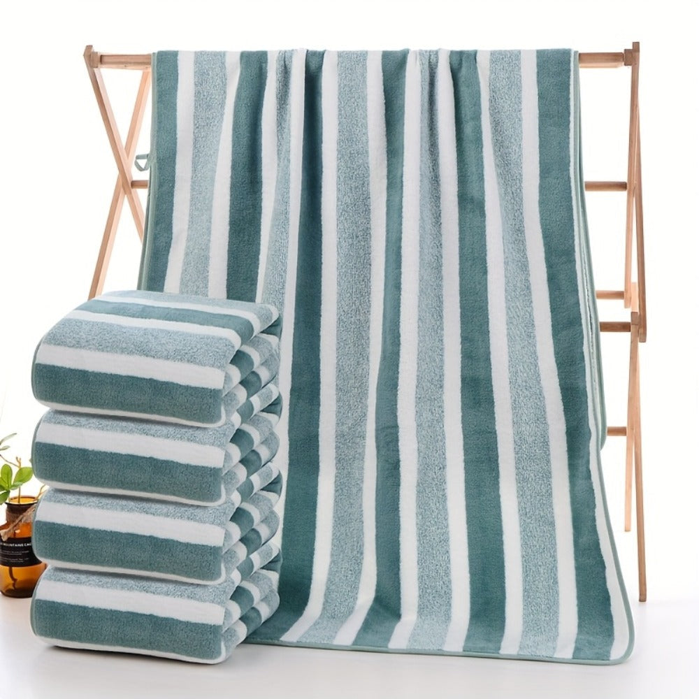 Bath Towels Set 1 or 4 Pack 346GSM Polyester Striped Towels 70 x 140cm in Four Colors for Home and Guest Use
