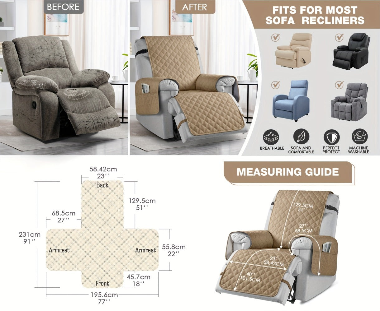 Chair Cover Quilted Recliner Throw with Side Pocket and Adjustable Strap in Seven Available Colors
