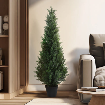 Artificial Cedar Topiary Tree with 3, 4 or 5 ft Height Options, Black Pot and Single or Two-Tree Sets