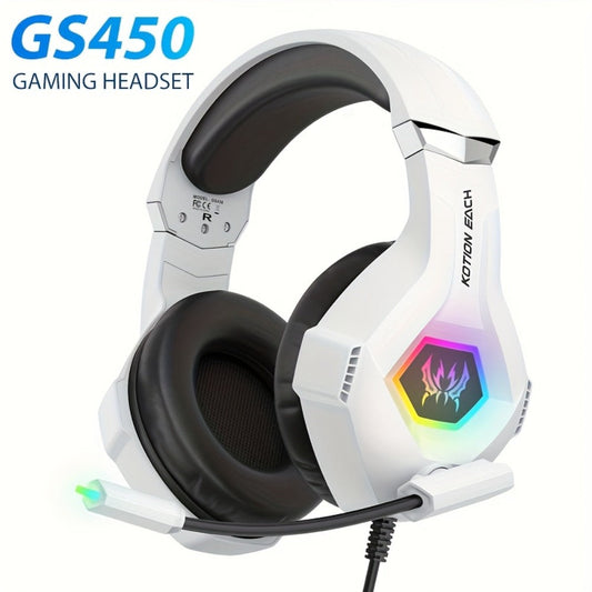 GS450 Gaming Headset Surround Stereo with LED Lights & Soft Memory Earmuffs – Noise Cancelling Mic Over-Ear Headphones for PS5 PS4 Xbox One Switch PC Mac Computer Games