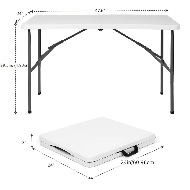 Folding Table 4ft and 6ft White Plastic Top with Black Metal Legs, Carry Handle and Adjustable Height