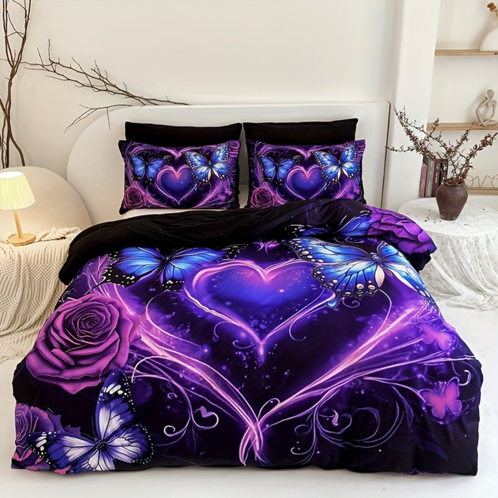 Purple Butterfly Floral Duvet Cover Set 3pcs - Colorful Fancy Butterfly Love Flower Bedding Set with 1 Duvet Cover & 2 Pillowcases, High-Definition Print, Twin Full Queen King, Polyester Bedroom Decor
