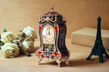 Ornate Brown-Red Tabletop Alarm Clock with Analog Dial, Decorative Pendulum Window and 14-Inch Height