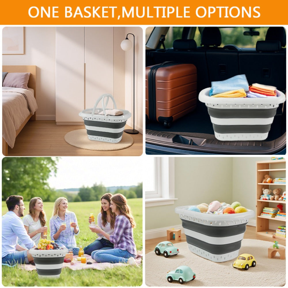 16-Gallon Collapsible Plastic Laundry Basket in Gray and White with Folding Walls and Carry Handles