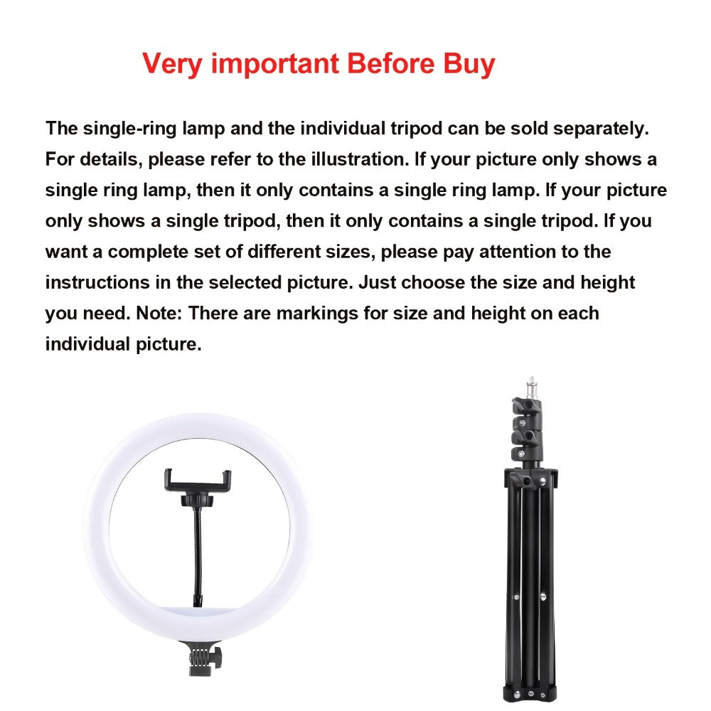 10- or 12-Inch USB Ring Light with Floor Tripod, Center Phone Holder and Three-Color Model Options