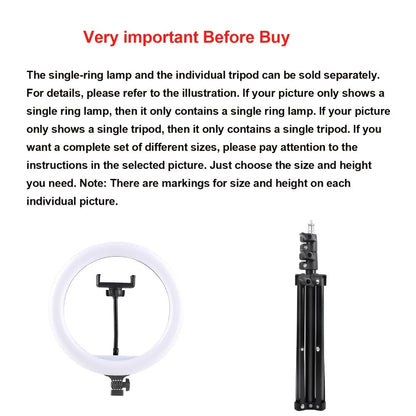 10- or 12-Inch USB Ring Light with Floor Tripod, Center Phone Holder and Three-Color Model Options