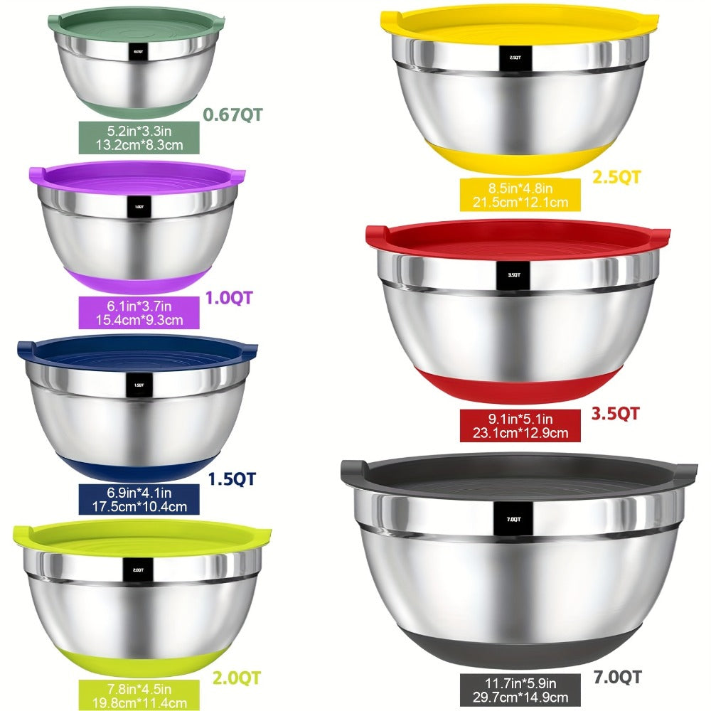 Seven-Bowl Nesting Mixing Set with Lids, Kitchen Tools and Multicolored, Black, Gray or Khaki Options