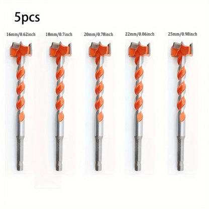 Five-Piece Extended Auger Drill Bit Set with 15-25mm Cutting Heads and Hex Shanks for Wood or Plastic