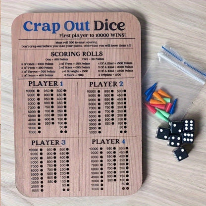 Two-Piece Wooden Dice Scoreboard Set with Six Dice, Twelve Pegs and Printed Four-Player Rules