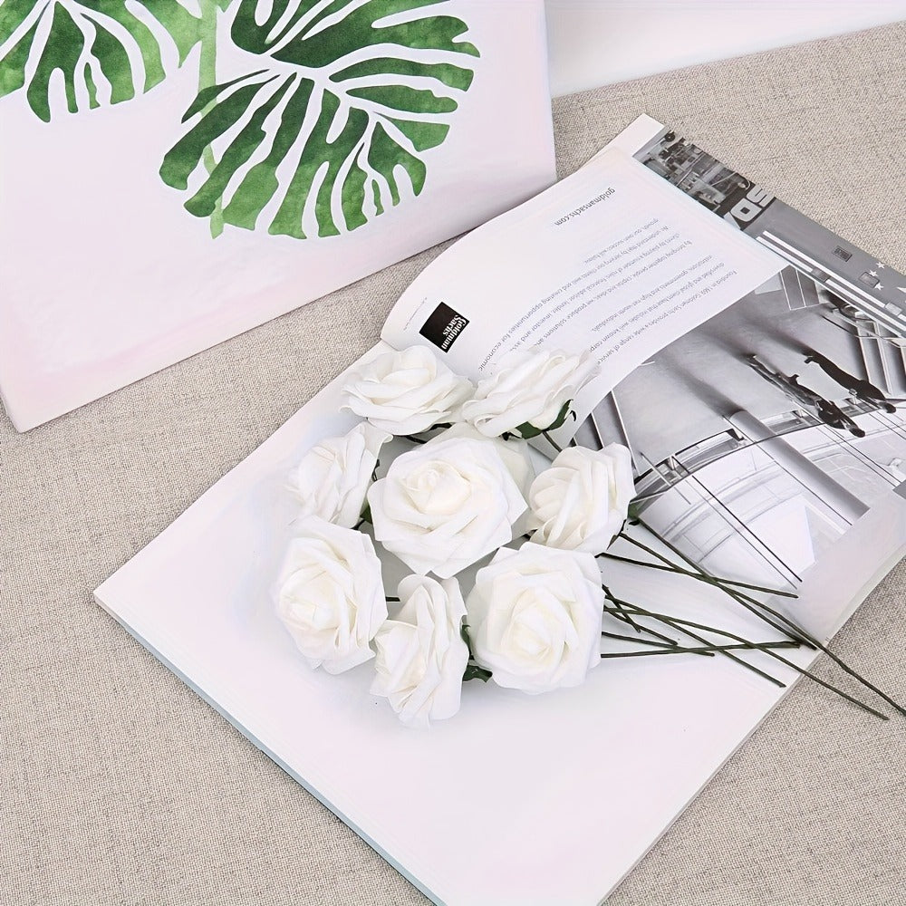 Artificial Flowers 50-Piece White Silk-Style Rose Set with Stems for Wedding Bouquets and DIY Decor