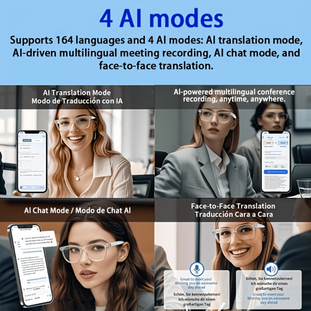 Smart Glasses Translation Eyewear with 160 Listed Languages, Open-Ear Audio and Four Frame Options