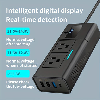 Black 200W Elongated Car Power Inverter Hub with Multiple 110V AC Outlets, USB Ports and Display