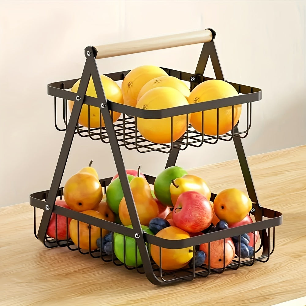 Freestanding Tiered Metal Wire Storage Basket with Wood-Tone Top Handle in Two- or Three-Tier Options
