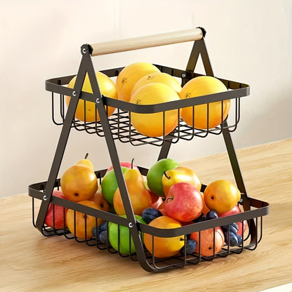 Freestanding Tiered Metal Wire Storage Basket with Wood-Tone Top Handle in Two- or Three-Tier Options
