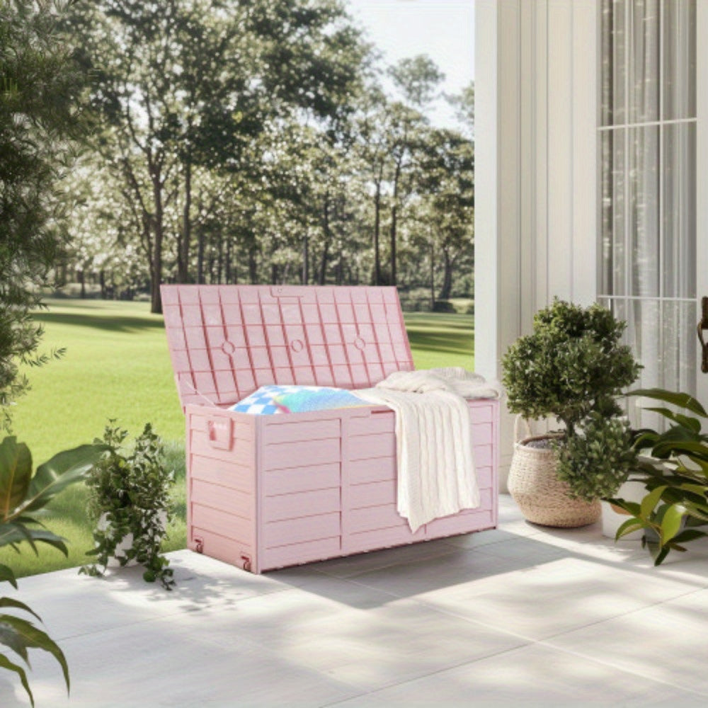 75-Gallon Outdoor Deck Storage Box with Hinged Lid, Side Handles and Pink or Green Options
