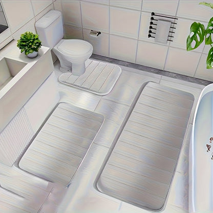 Channel-Stitched Three-Piece Padded Bath Mat Set with Long Runner and Two Matching Rugs in Nine Solid Colors