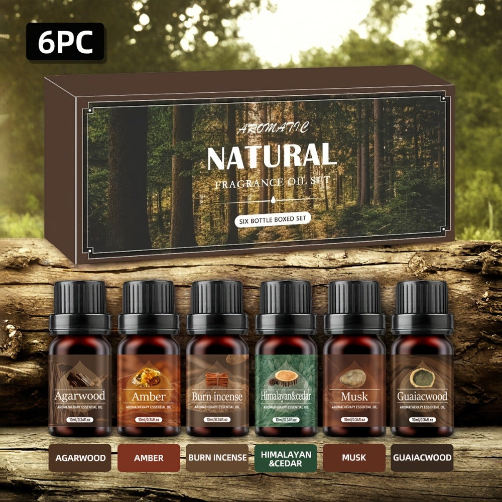 6-Bottle Woody Fragrance Oil Set with Agarwood, Amber, Incense, Cedar, Musk and Other Listed Scent Blends