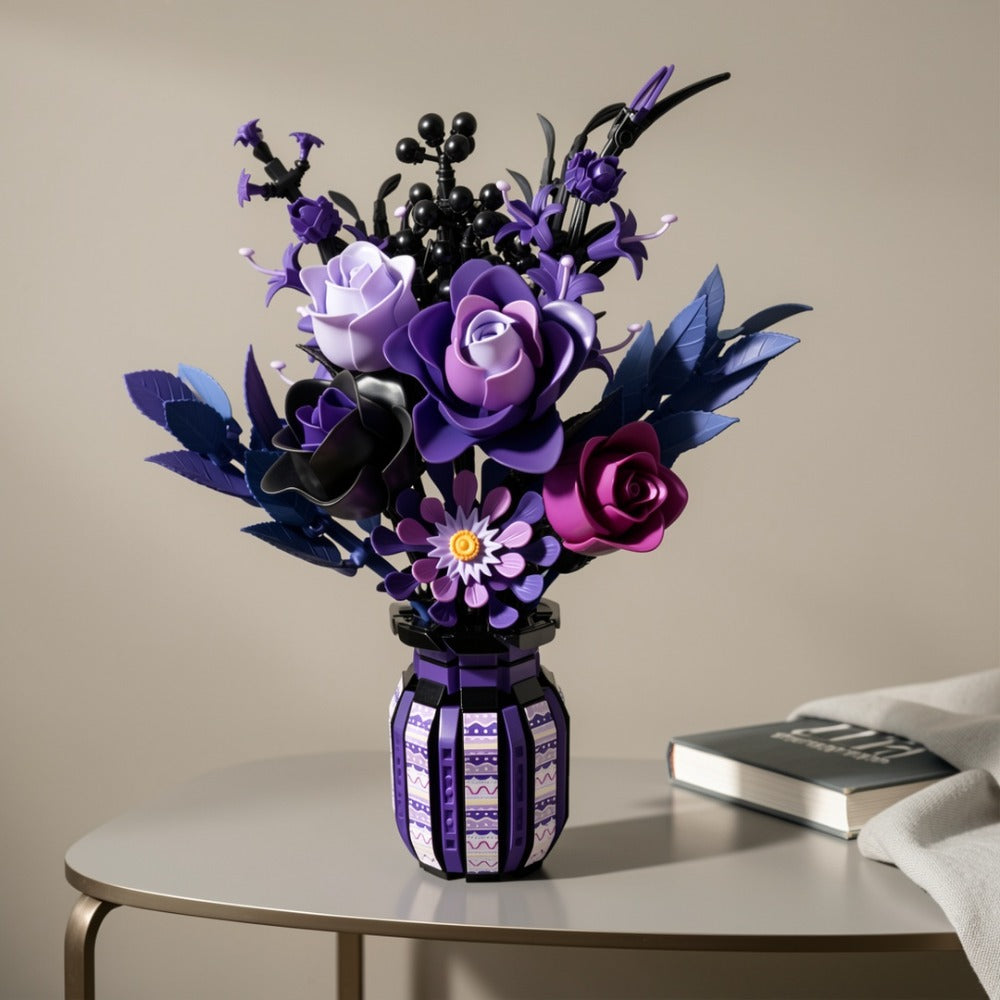 1218-Piece Gothic Flower Bouquet Building Block Model with Mixed-Color Blooms and Brick-Built Vase