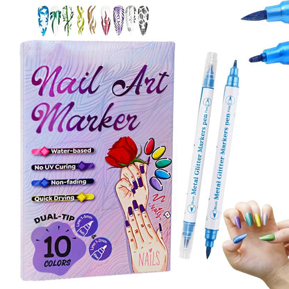 3D Nail Art Pens 10 Colors Double Ended Metallic Acrylic Paint Set – Quick Dry Fine Liner & Dotting Tip Graffiti Drawing Nail Marker for Salon & DIY Home Nail Design, Raised Effect