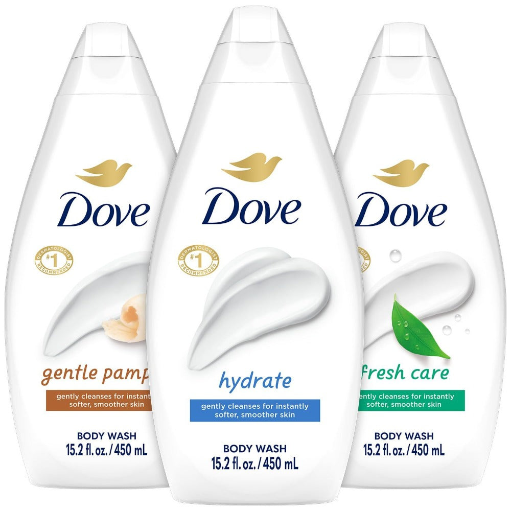 Three-Pack Dove Body Wash Variety Mix with 450ml Flip-Cap Bottles and Assorted Front Labels