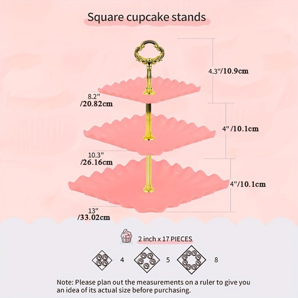 Five-Piece Cupcake Stand Set with Two Three-Tier Square Towers and Three Appetizer Trays in Pink or White
