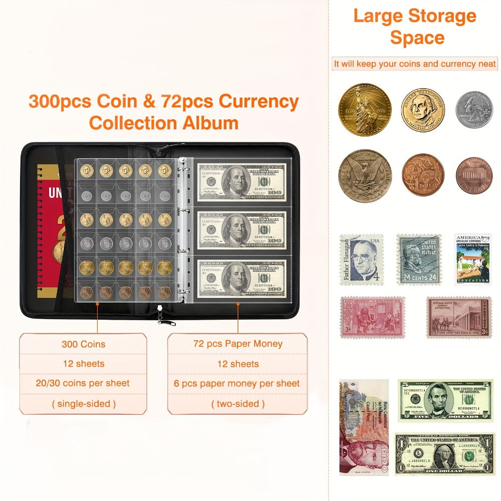 Locking Coin and Currency Collection Album with 300 Coin Pockets and 72 Bill Sleeves in a Black Carrying Case
