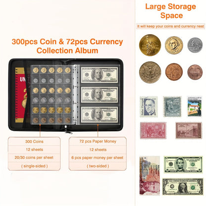 Locking Coin and Currency Collection Album with 300 Coin Pockets and 72 Bill Sleeves in a Black Carrying Case