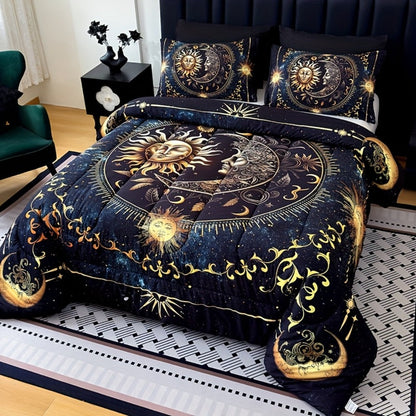 Sun Moon Planet Comforter Set 3pcs Digital Print Quilted Bedding 1 Comforter 2 Pillowcases 180GSM Soft Breathable Black Celestial Bedroom Decor Twin Full Queen King Size Dormitory