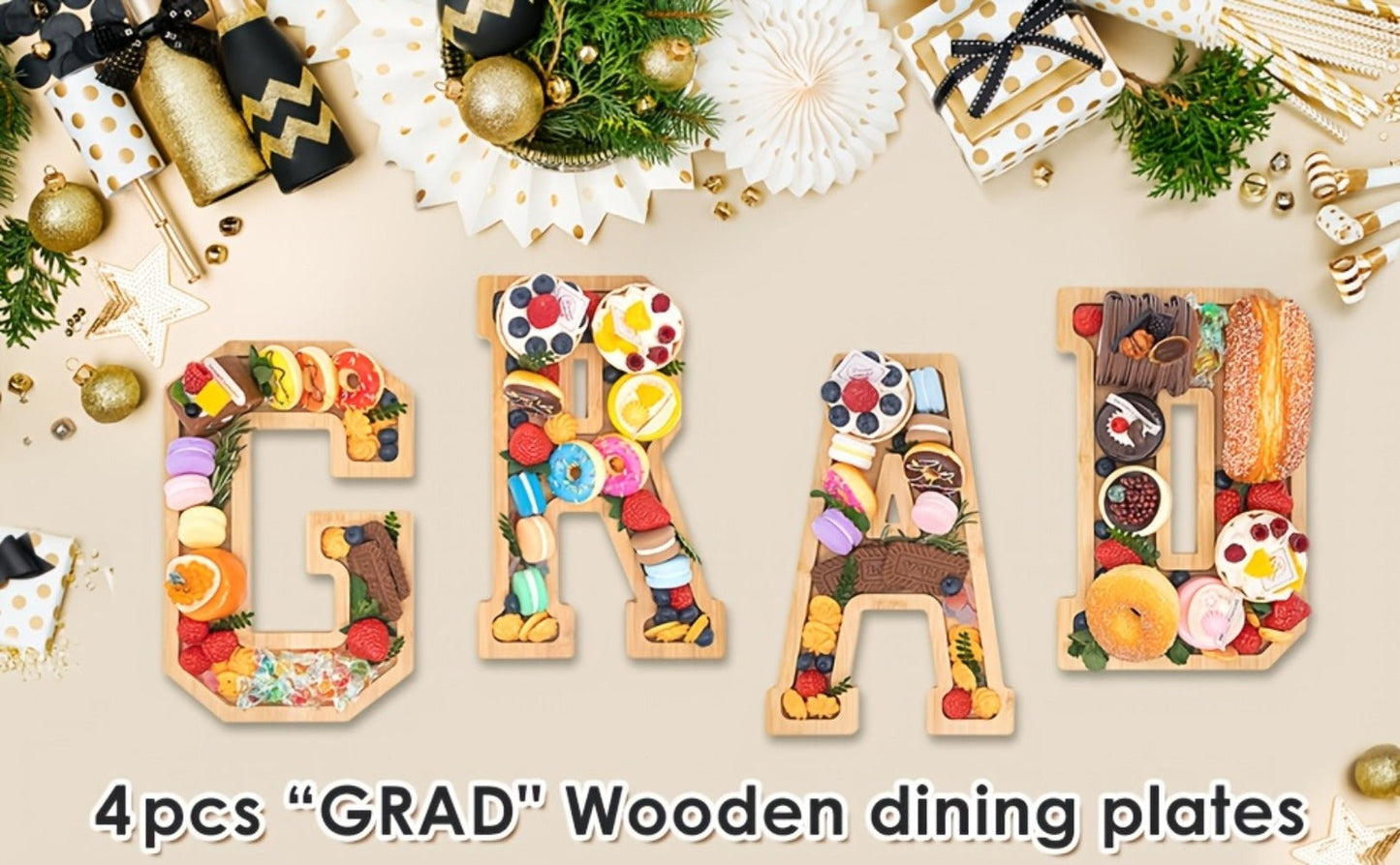 Party Decorations Fillable Wood-Look Letter and Number Trays with BABY, ONE, 2026 or GRAD Options