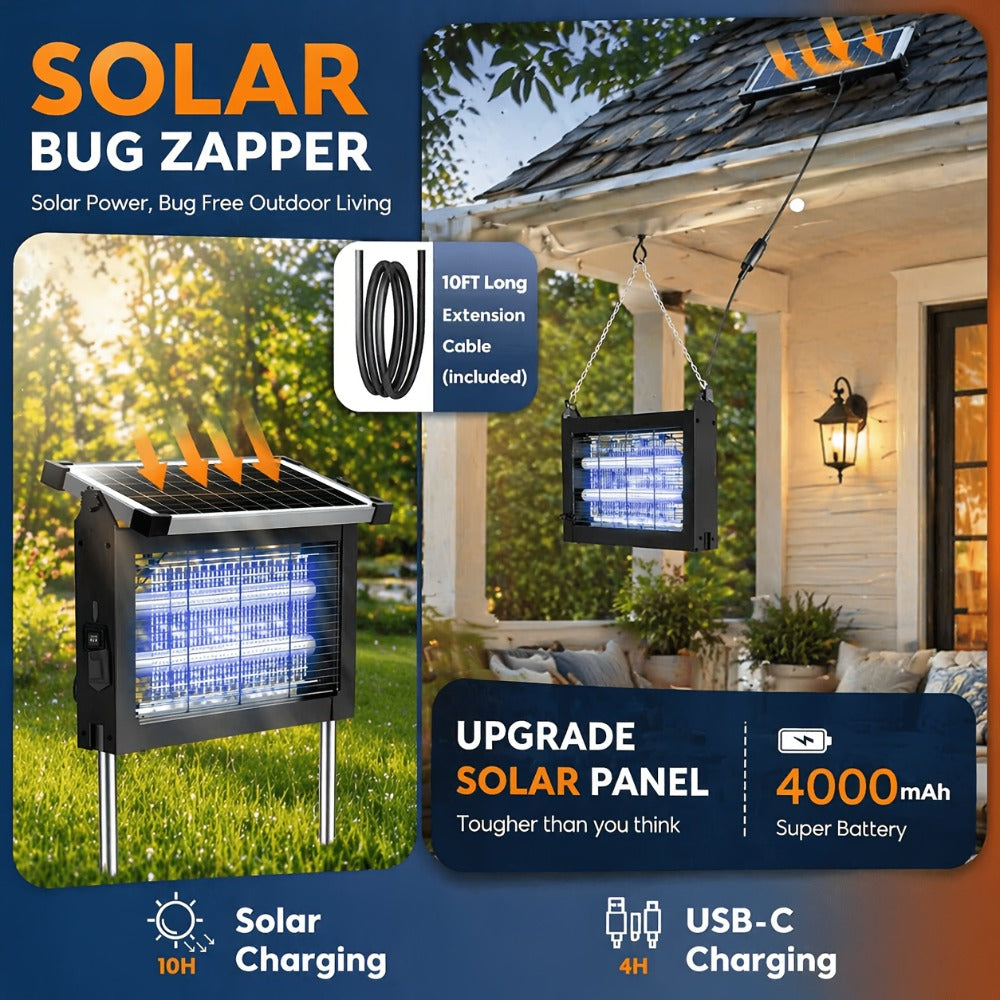 Solar Bug Zapper Pest Control Device with Adjustable Panel, Ground Stake, Wall Mount and USB-C Charging