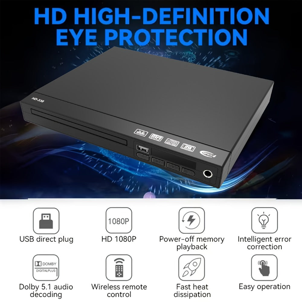 Dual Output HDMI DVD Player for Home TV 1080P – Region Free Mini DVD Player with USB Port, HDMI & RCA Output, Plays DVD VCD CD MP3 JPEG, Remote Control + HDMI & RCA Cables Included, Black