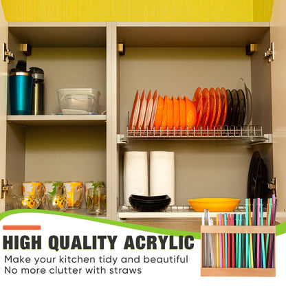 9.8 Inch Acacia Wood Straw Holder for Cabinet Doors, Counters and Reusable Straw Organization