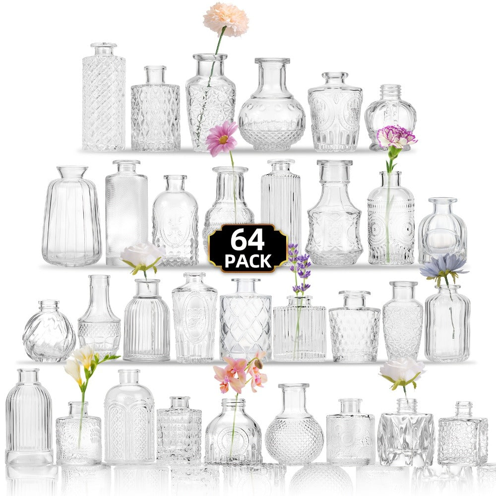 Assorted Clear Glass Bud Vase Set with 12, 24 or 64 Mixed Shapes for Flowers and Table Centerpieces