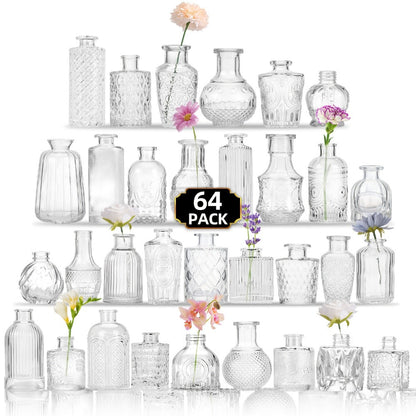 Assorted Clear Glass Bud Vase Set with 12, 24 or 64 Mixed Shapes for Flowers and Table Centerpieces
