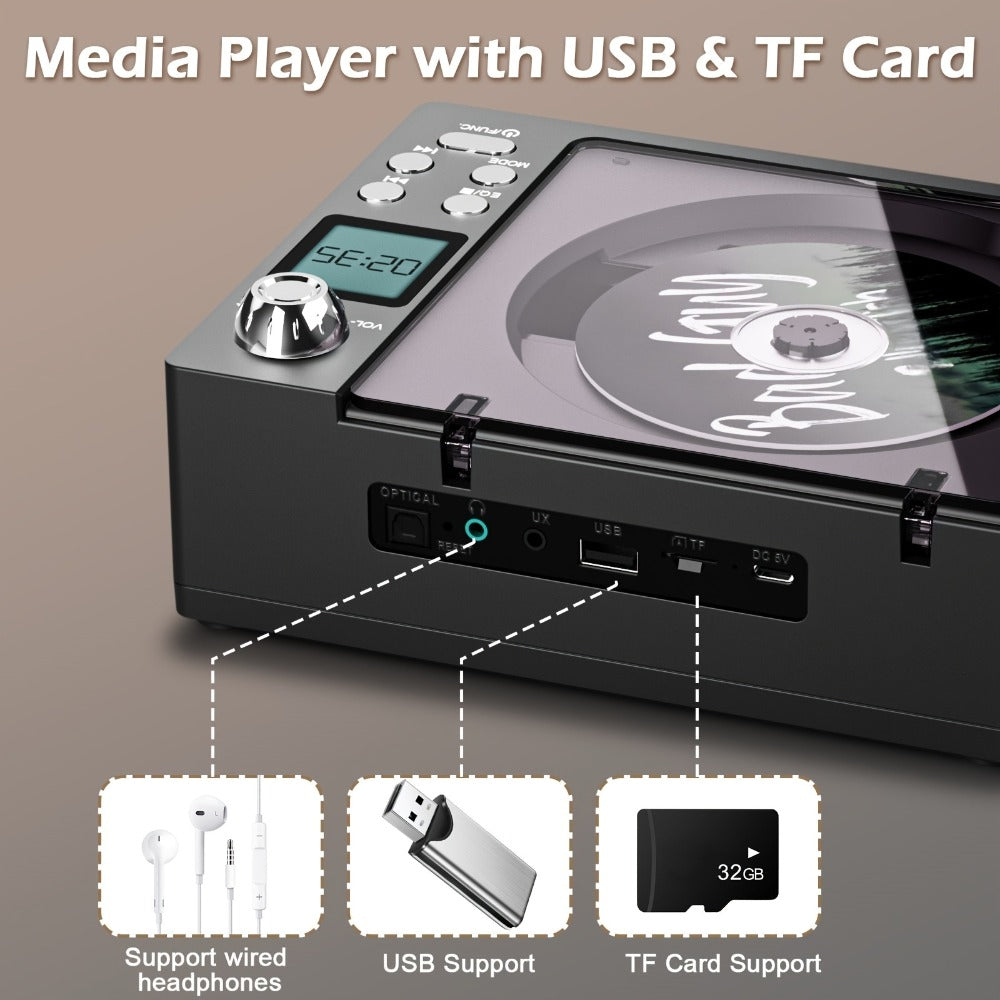 CD Player with Bluetooth Stereo Speakers, FM Radio, USB Playback, AUX Input, LED Display, Remote Control, Type-C Charging, Earphone Jack, All-in-One Home Audio System for Adults Seniors