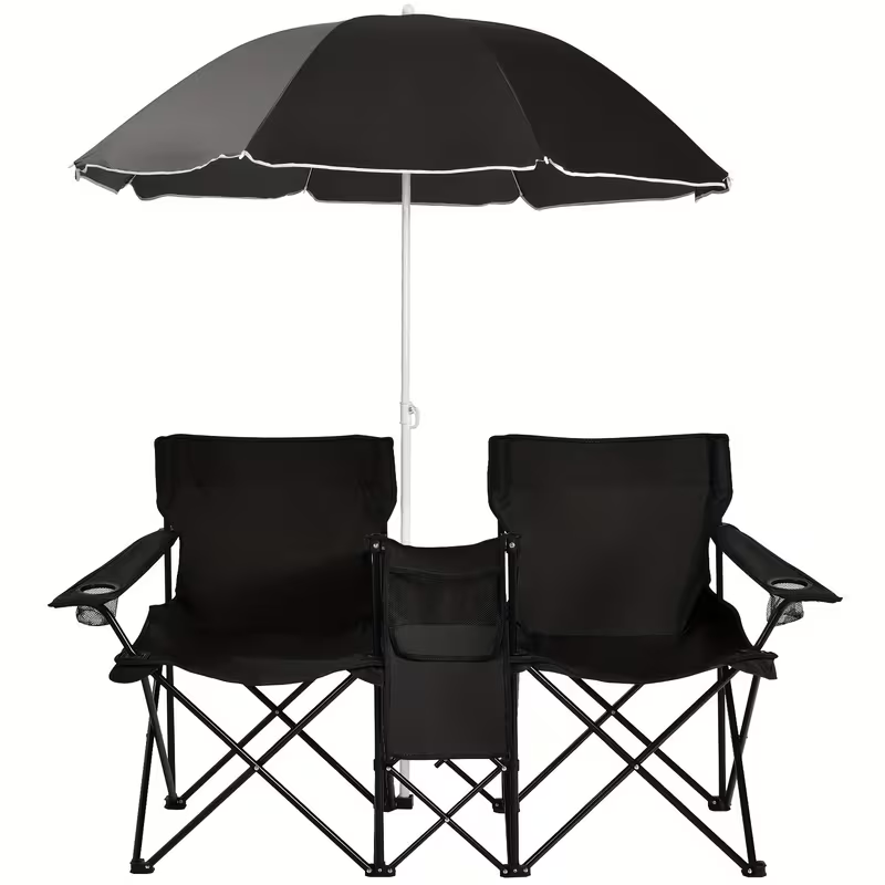 Folding Picnic Chair Set for 2 | Umbrella, Cooler Bag & Table, 600 Lbs Capacity, Portable