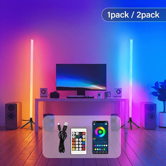 RGB Tube Floor Lamp 360° with Stand – App & 24-Key Remote Music Sync 16 Million Colors Dimmable Timer Mood Light for Bedroom Gaming Room DJ Studio Dance Club Party – 1/2 Pack