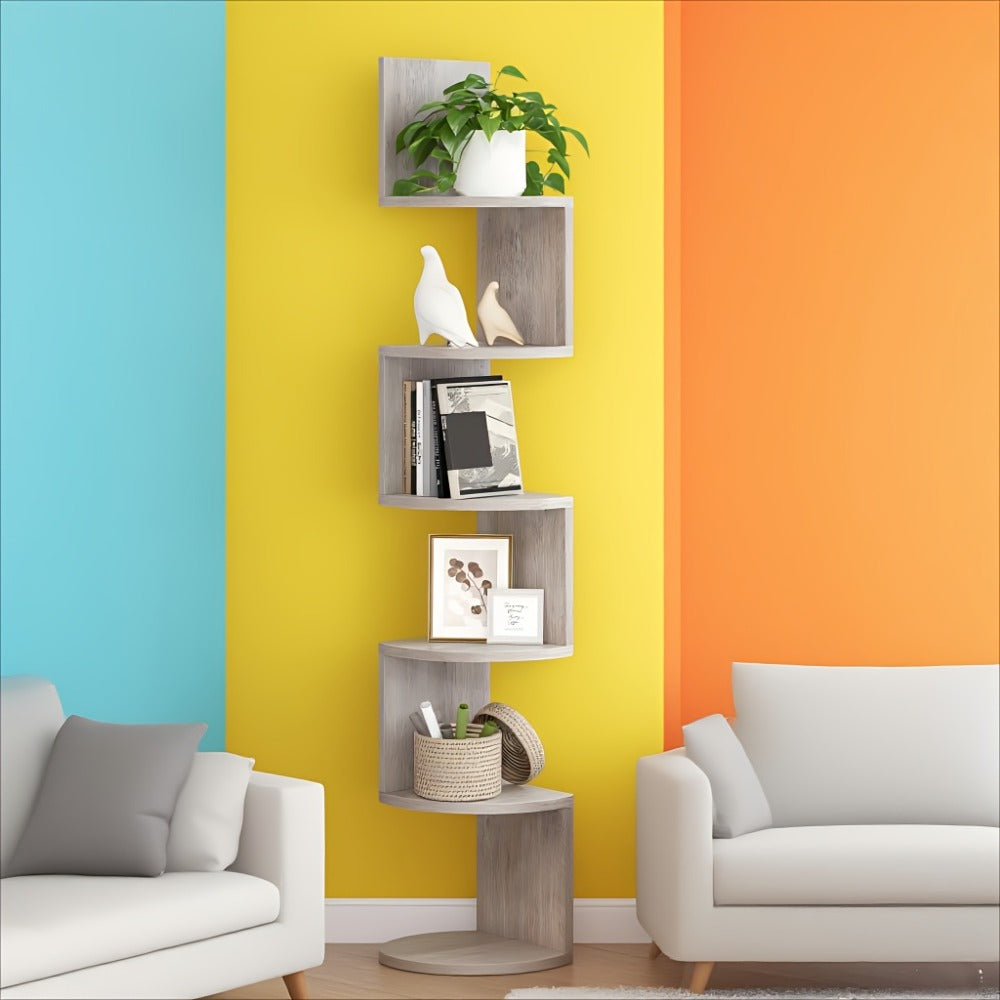Corner Floating Shelf 5-Tier Wall Mount, Space Saving Storage Rack for Bedroom Living Room, Radial Display Organizer, Easy Install, 7.9"×7.9"×49.6", Black White Brown Greige Beige
