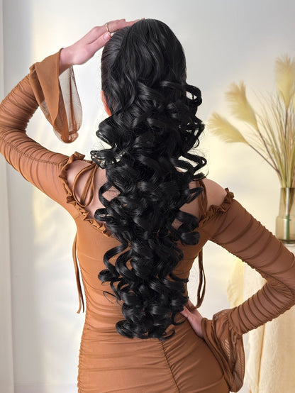 Curly Ponytail Extension 28 Inch Long Heat Resistant Synthetic Clip In Wrap Around Hairpiece Voluminous Bouncy Curls 4 Styles for Women Everyday Parties Festivals