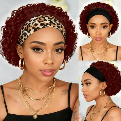 Six-Inch Kinky Curly Headband Wig with Glueless Band in Black, Burgundy or Rust Color Options