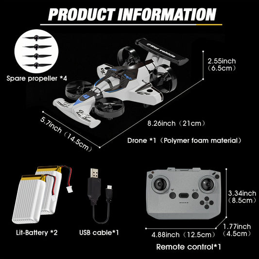2-in-1 Air Land Drone Car with Collision Avoidance – Mini RC Quadcopter & Ground Vehicle for Kids Beginners Safe Indoor Flying Toy USB Rechargeable Low Speed Gift for Boys Girls Birthday Christmas
