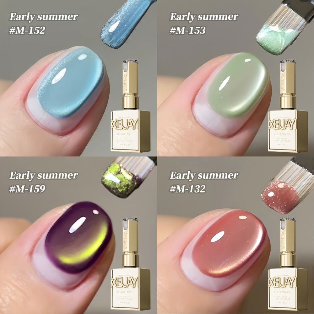 Reflective Holographic Cat Eye Gel Polish Set 4 Colors Shimmering Magnetic Soak-Off LED UV Nail Art Kit with Photo Frame Bottle for Salon DIY Manicure Women 0.51oz Each