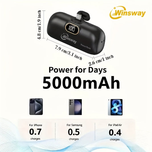 Winsway 5000mAh Mini Portable Charger Type-C Metal Plug with LED LCD Display – Fast Charging Pocket Battery Pack for iPhone 17 16 15 Pro Max iPad Pro Android Samsung, Compact Travel Gift