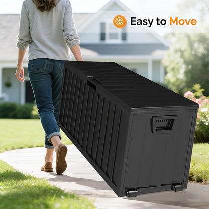75-Gallon Outdoor Storage Box with Hinged Lid, Side Grips, Small Wheels and Three Color Options