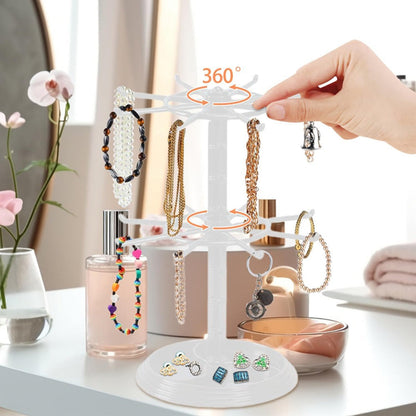 Rotating Jewelry Stand 2-Tier Black – Necklace Bracelet Earring Organizer Display Rack, Plastic Hanging Jewelry Tower for Dressing Table Counter, Keychain Holder, No Electricity Needed