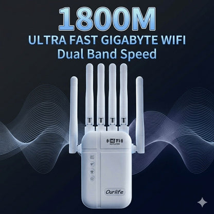WiFi Range Extender Ourlife 1800Mbps WiFi 6 Dual-Band with Six Antennas, WPS Control and Ethernet Port