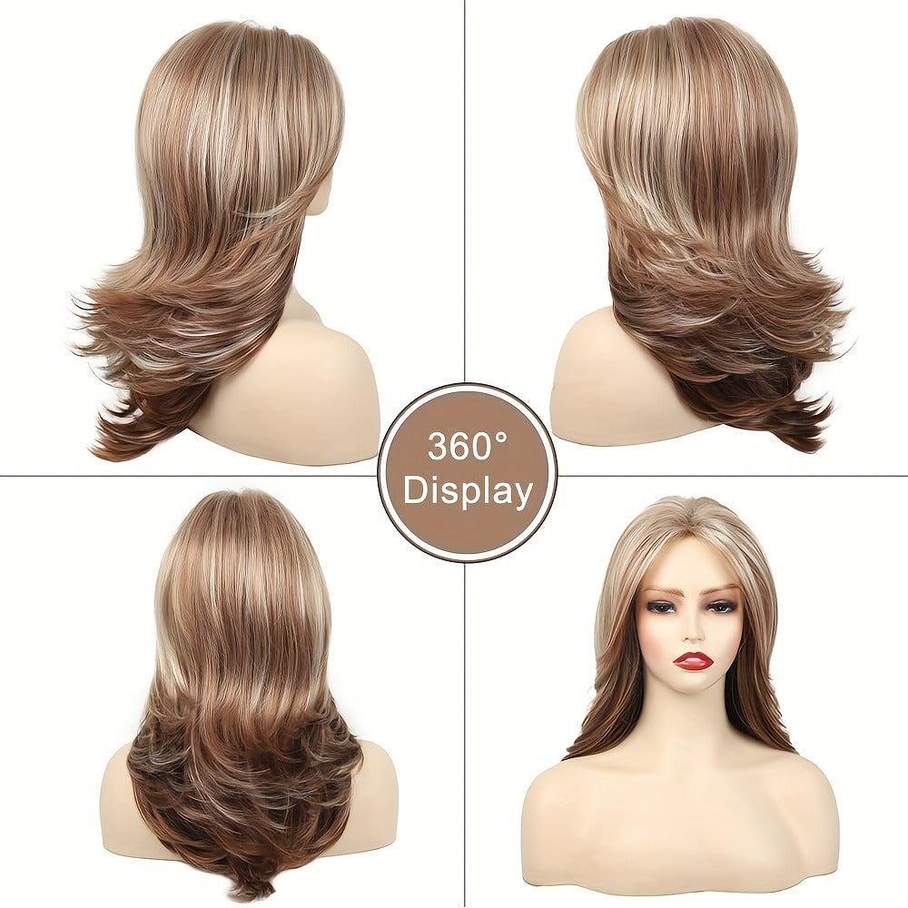 Synthetic Wig 18-Inch Layered Silvery Waves with Highlights in Two Colors and Rose Net Cap