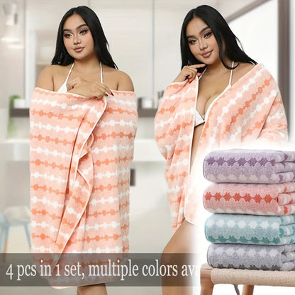 Extra Large Bath Towel Set 4 Piece for Women - 300GSM Ultra Soft Quick Dry Absorbent Solid Color Hand Towels | Orange Green Blue Purple Pink | Spa Yoga Fitness Gym Bathroom Gift